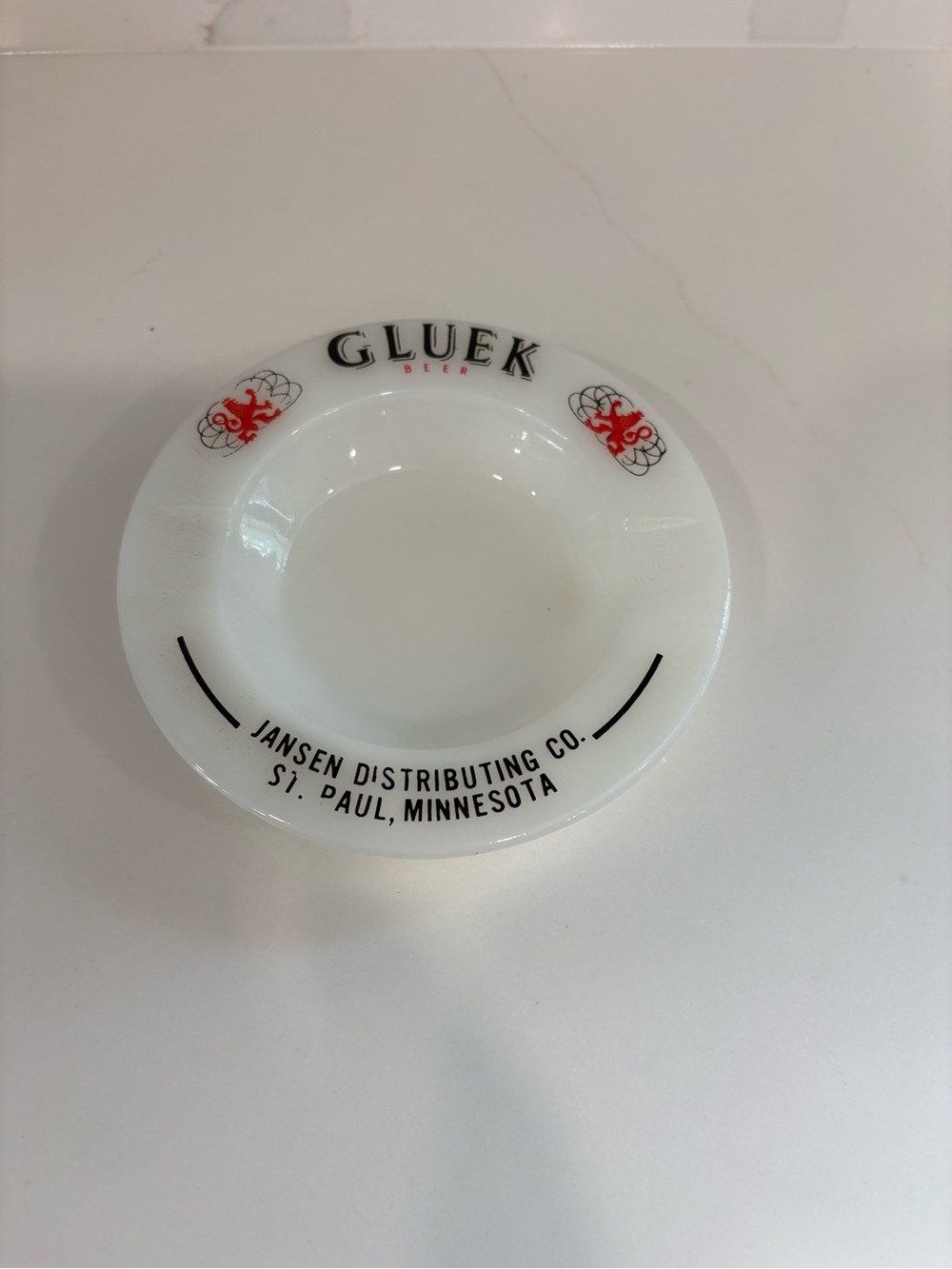 Vintage Gluek Beer milk Glass Ashtray for Jensen Distributing Co St Paul Mn